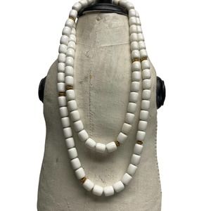 Vintage acrylic white beaded necklace 36” goldtone accents